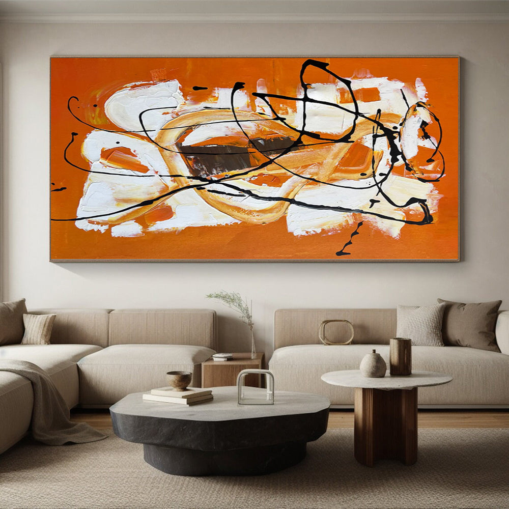 Hand-Painted Orange, White, and Black Abstract Expressive Painting For Sale HS050