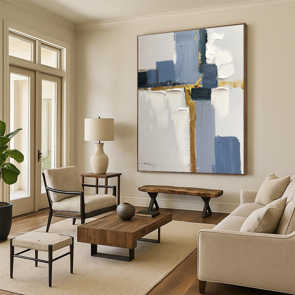 Modern Art Acrylic with Blue, Gray, White and Gold Colors, Abstract Geometric Theme HS472