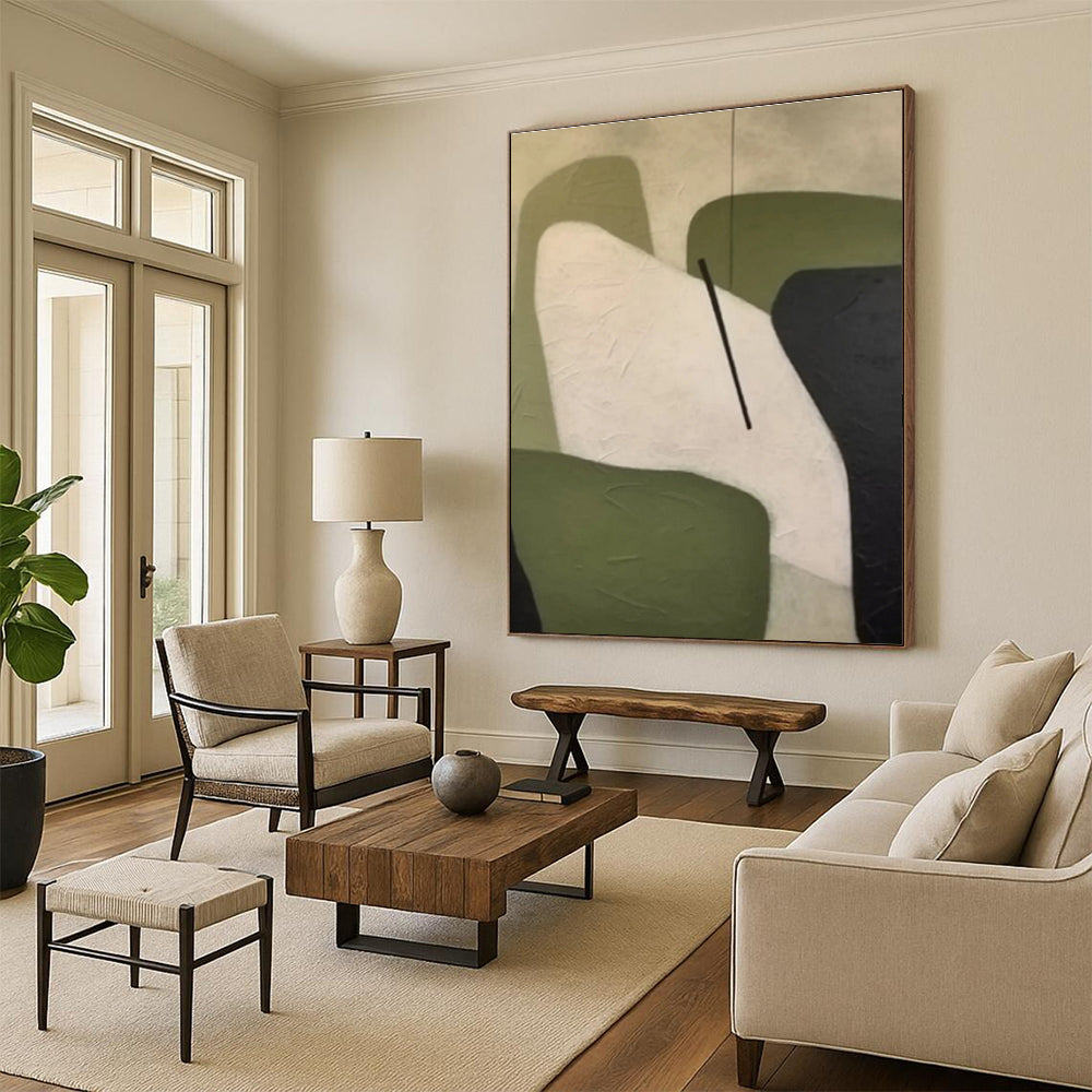 Handmade Art Minimalist Canvas Art with Geometric Shapes in Green, Black, White - Modern Art Acrylic HS502