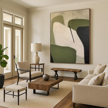 Handmade Art Minimalist Canvas Art with Geometric Shapes in Green, Black, White - Modern Art Acrylic HS502