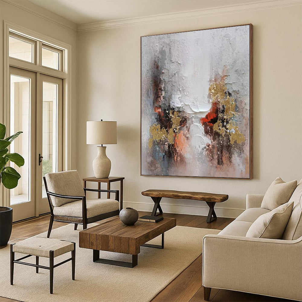 Hand-Painted Gray, White, Gold, and Red Abstract Textured Painting For Sale HS031