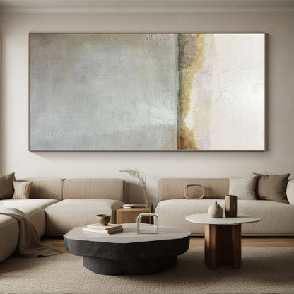 Hand Painted Art Gray and Beige Abstract Lakeside Painting For Sale HS082
