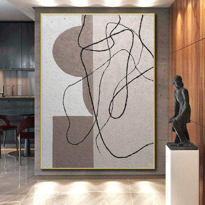 Cool Abstract Paintings Neutral Tones with Black Linear Abstract Art HS676