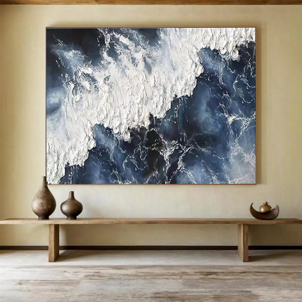 Oversized Canvas Art in Dark Blue and White Abstract Wave Style WB225