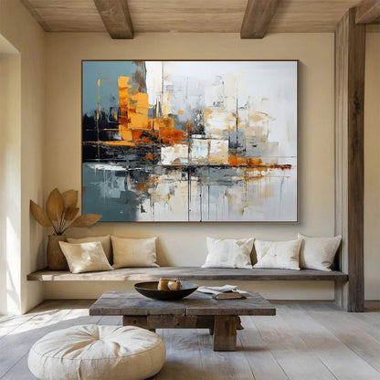 Oversized Canvas Art Gray, Orange, and White Abstract Cityscape, Abstract Acrylic Painting WB164