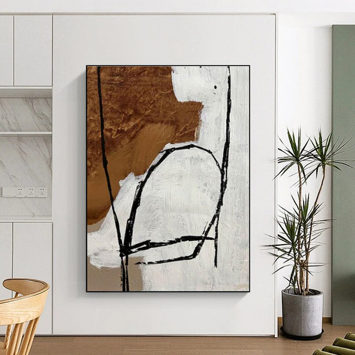 Modern Art Acrylic Black, White, and Brown Linear Abstract Art HS687