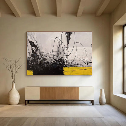 Big Size Black, White, and Yellow Abstract Linear Art, Abstract Acrylic Painting WB168