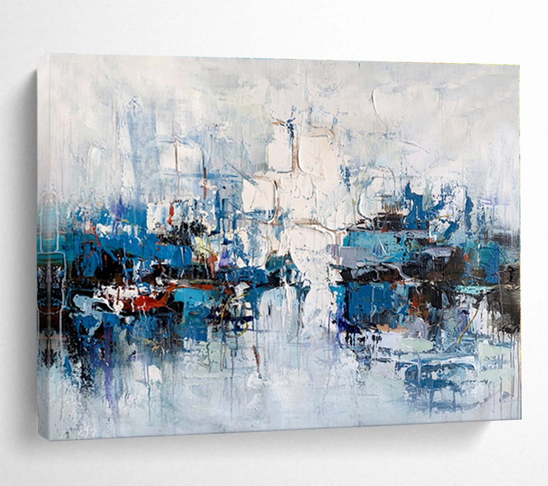 Large Size Blue and White Abstract Harbor Scene Painting WB055