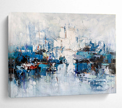 Large Size Blue and White Abstract Harbor Scene Painting WB055