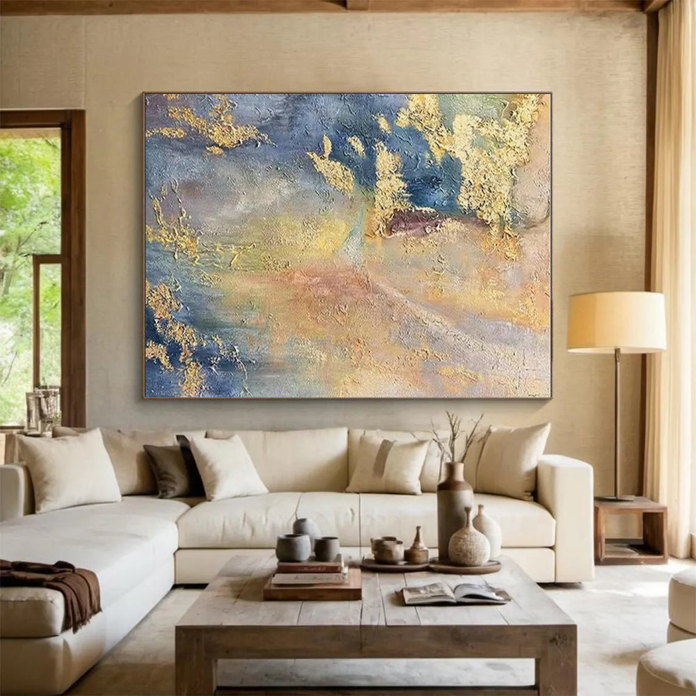 Hand Painted Art with Gold, Blue, Yellow, Gray Textures - Acrylic Modern Art Paintings for House HS507