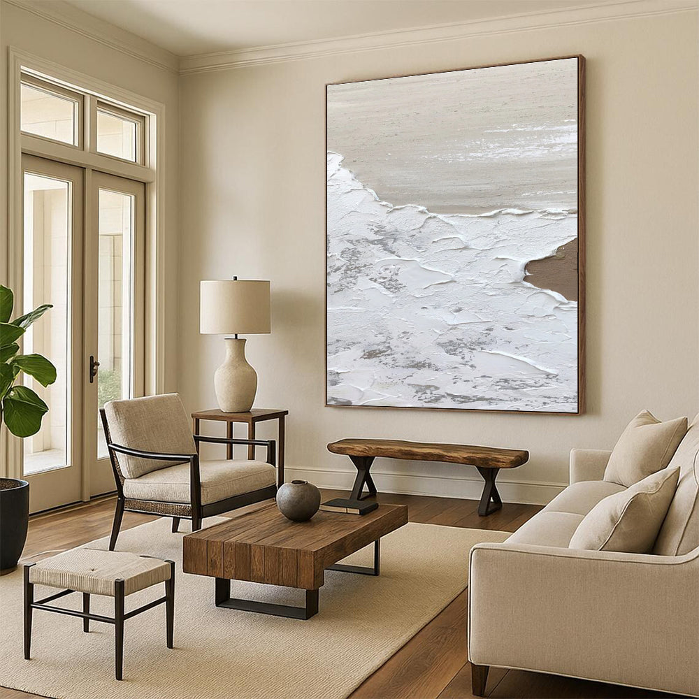 White, Beige Abstract Textured Art For Living Room and Bathroom WS457