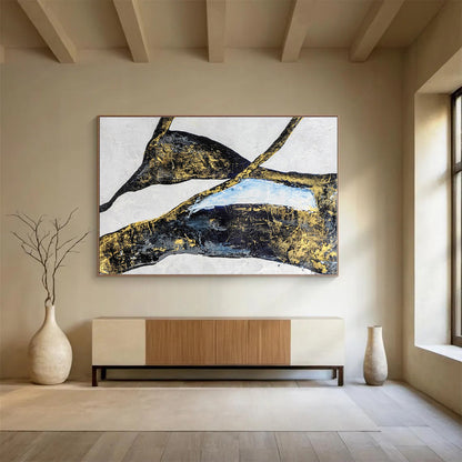 Black, Gold, Blue Abstract Shapes Painting, Abstract Acrylic Art WB009