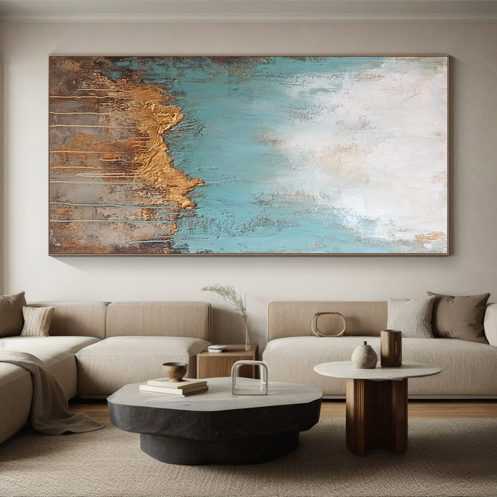 Hand Painted Art Teal, Gold, and Brown Abstract Textured Painting For Sale HS149
