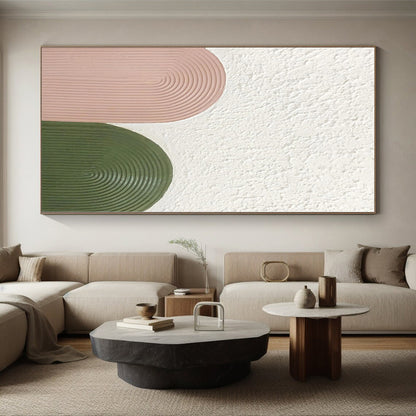 Hand-Painted Pink, Green, and White Abstract Curved Shape Textured Painting For Sale HS036