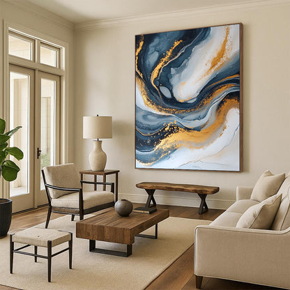 Modern Art Acrylic Black, White, and Gold Abstract Marble Painting For Sale HS114