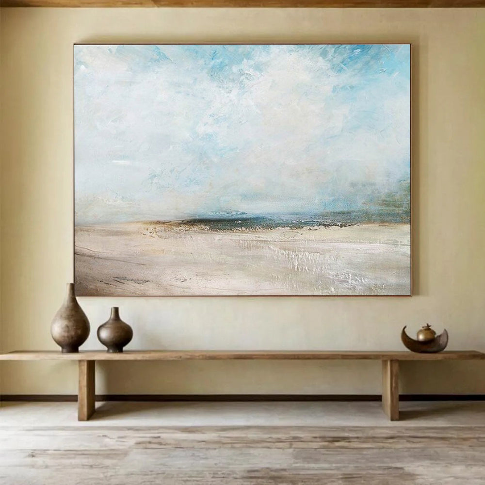 Blue, Beige, Gray Abstract Seaside Landscape Art For Sale WB387