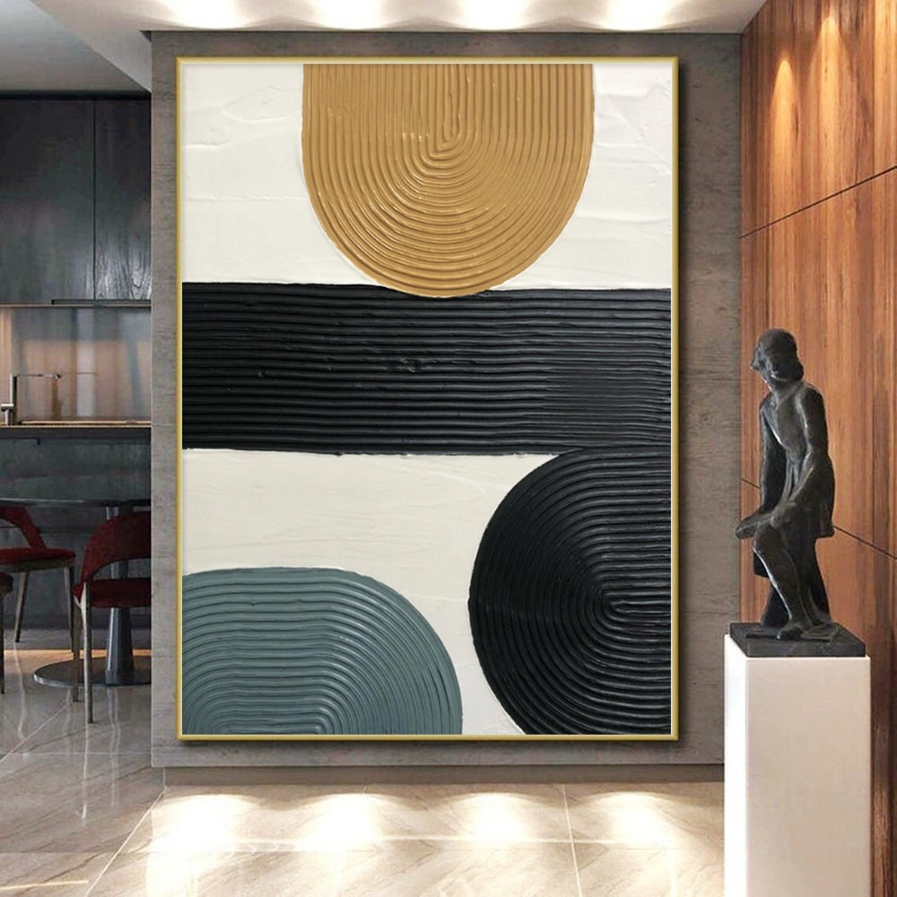 Hand-Painted Beige, Black, Gray, and White Abstract Curved Line Textured Painting For Sale HS037