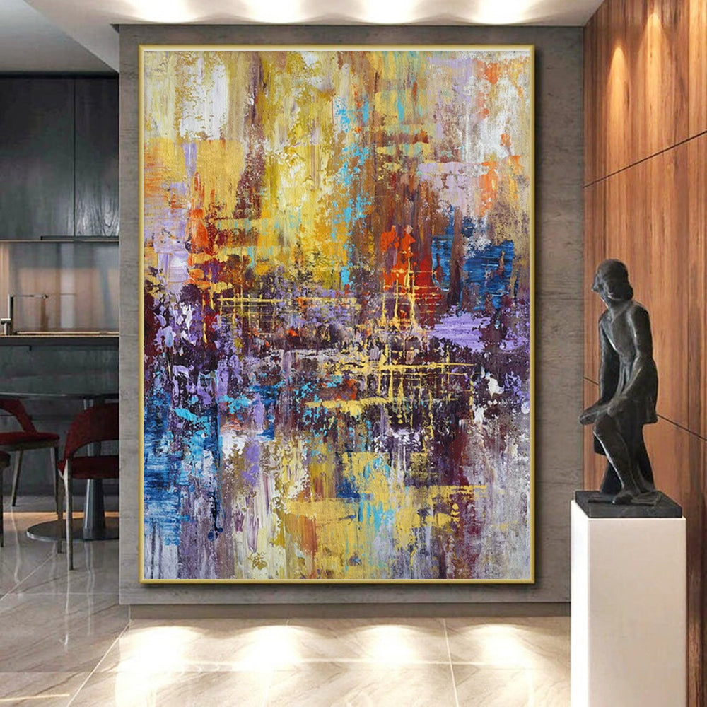 Large Painting In Living Room Multicolor Textured Abstract Cityscape HS618