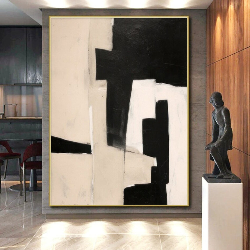 Large Contemporary Wall Art Black, White, and Beige Geometric Abstract Art HS667