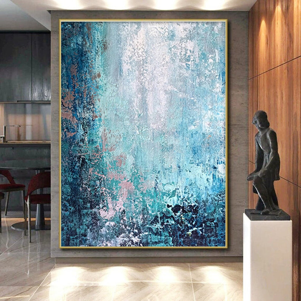 Unique Abstract Art Teal, Blue & Pink Textured Abstract, Large Contemporary Wall Art HS295