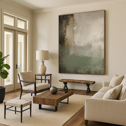 Minimalist Canvas Art Gray, Beige, and Green Textured Abstract Art HS757