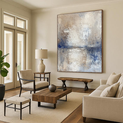 Hand Painted Art Beige and Blue Abstract Textured Landscape Painting For Sale HS123