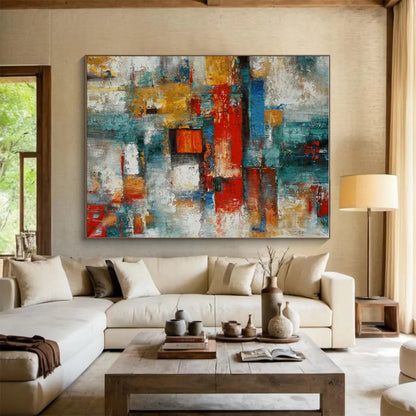 Hand Painted Art Multicolor Geometric Abstract Painting On Canvas HS771