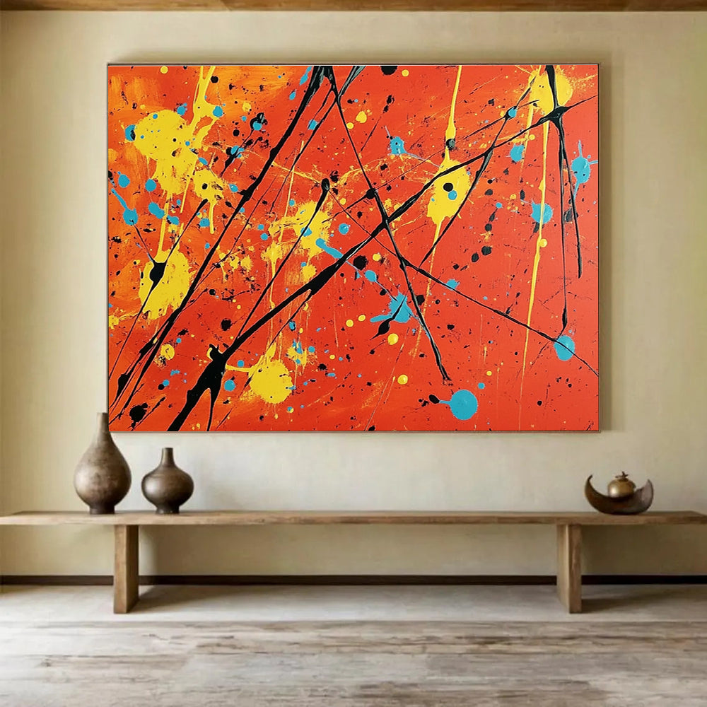 Big Size Orange, Yellow, Blue, and Black Splatter Abstract Art WB255