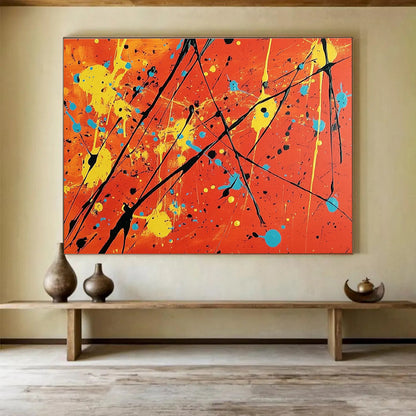 Big Size Orange, Yellow, Blue, and Black Splatter Abstract Art WB255