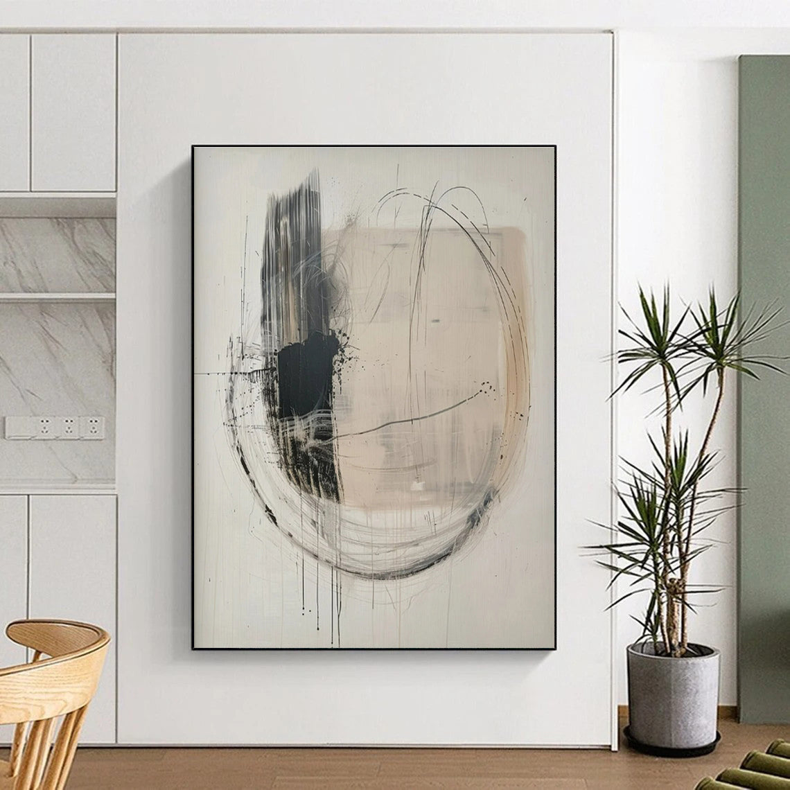 Hand Painted Art Black, White, and Beige Circular Abstract Art HS621