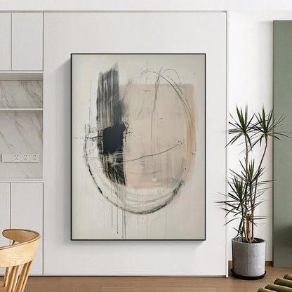 Hand Painted Art Black, White, and Beige Circular Abstract Art HS621