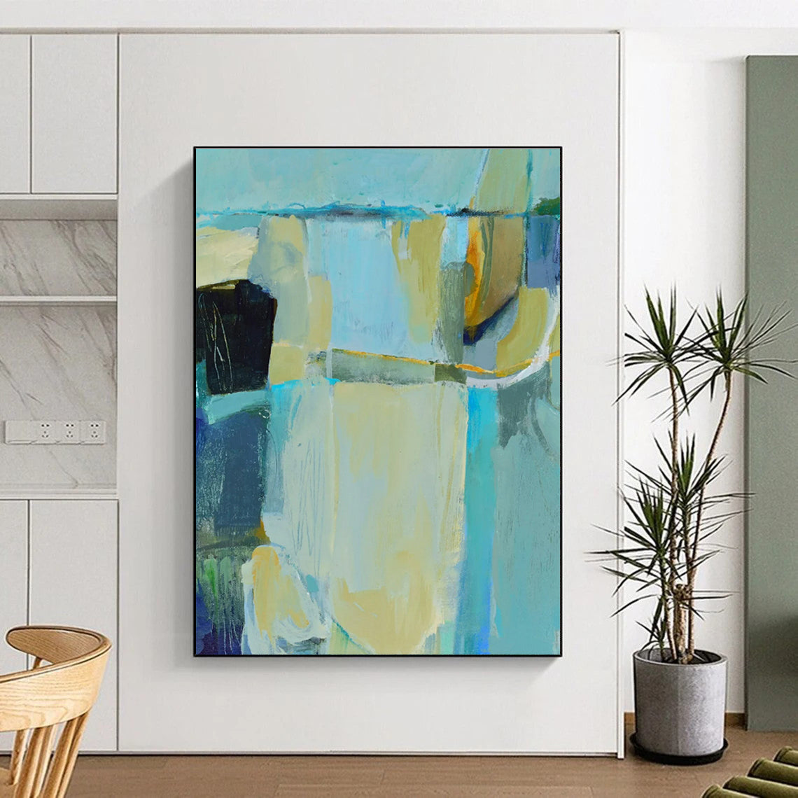 Acrylic Modern Art Paintings Teal, Beige, and Blue Abstract Art HS747