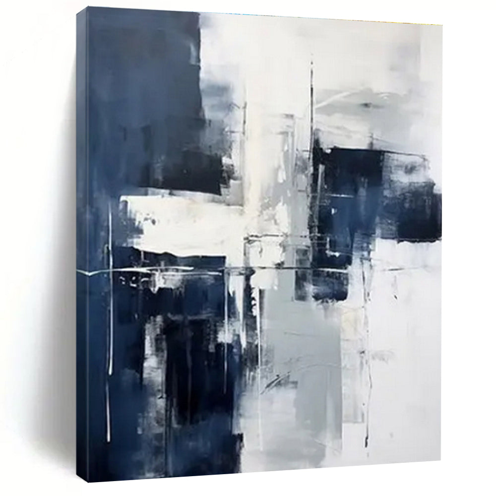 Hand Painted Art Navy, White, and Gray Abstract Composition HS591