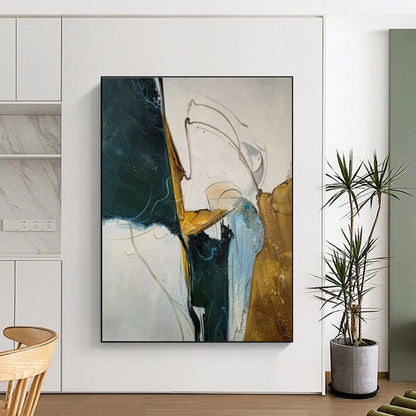 Unique Abstract Art Green, Gold, and White Dynamic Abstract Painting On Canvas HS810