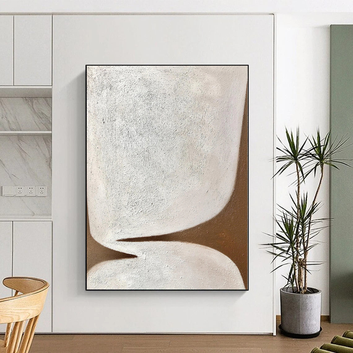 Hand-Painted White and Brown Abstract Shape Painting For Sale HS039