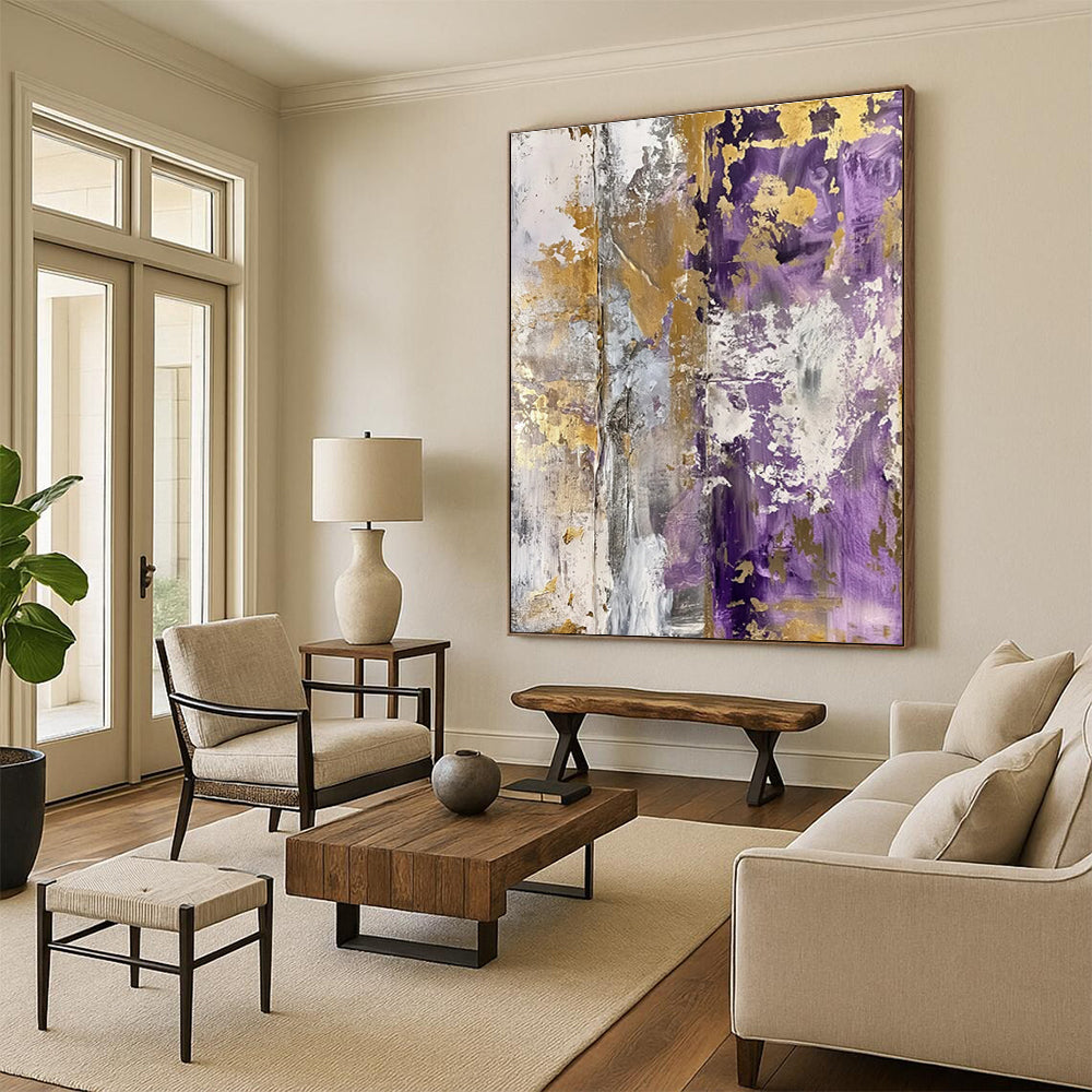 Unique Abstract Art Purple, Gold & Gray Textured Abstract, Acrylic Modern Art Painting HS234