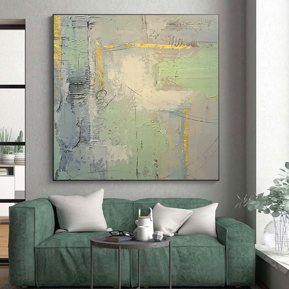 Hand-Painted Green, Gray & Gold Textured Abstract, Acrylic Modern Art Painting HS426