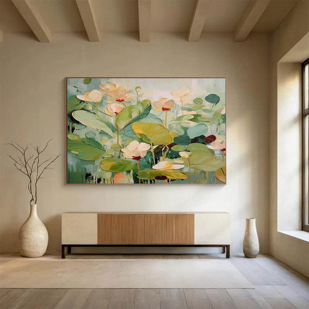 Hand Painted Art Soft Green and Beige Lotus Flowers Abstract Painting WB332