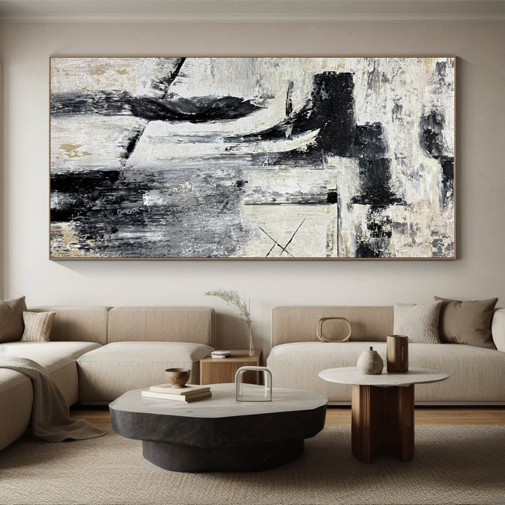 Large Contemporary Wall Art Black, White, and Gold Textured Abstract Art HS725