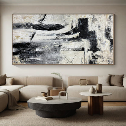 Large Contemporary Wall Art Black, White, and Gold Textured Abstract Art HS725