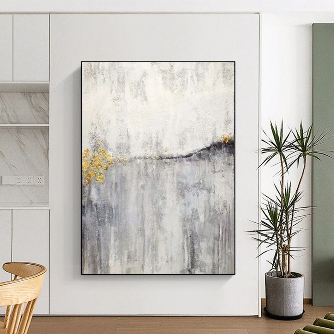 Hand-Painted Gray, White, and Gold Abstract Textured Painting For Sale HS035