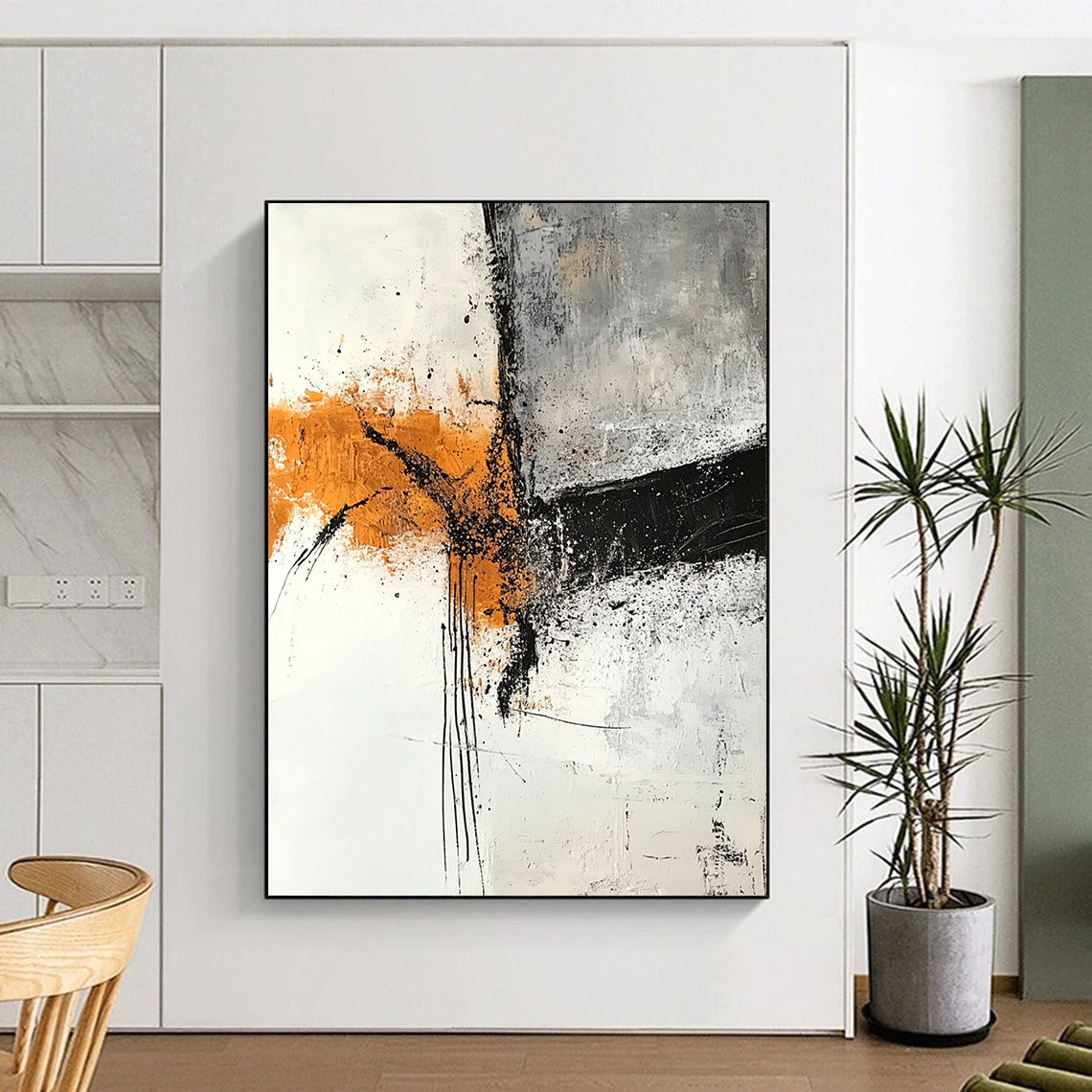 Hand-Painted Orange, Black, and White Abstract Expressive Painting For Sale HS111