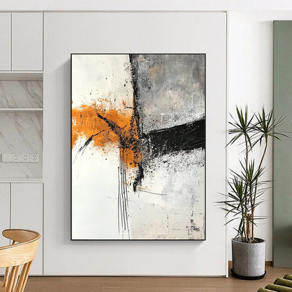 Hand-Painted Orange, Black, and White Abstract Expressive Painting For Sale HS111