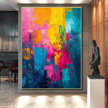 Handmade Art Yellow, Pink, Teal, and Blue Abstract Art HS657