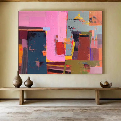 Huge Size Pink, Teal, and Multicolor Geometric Abstract Art, Abstract Acrylic Painting WB165