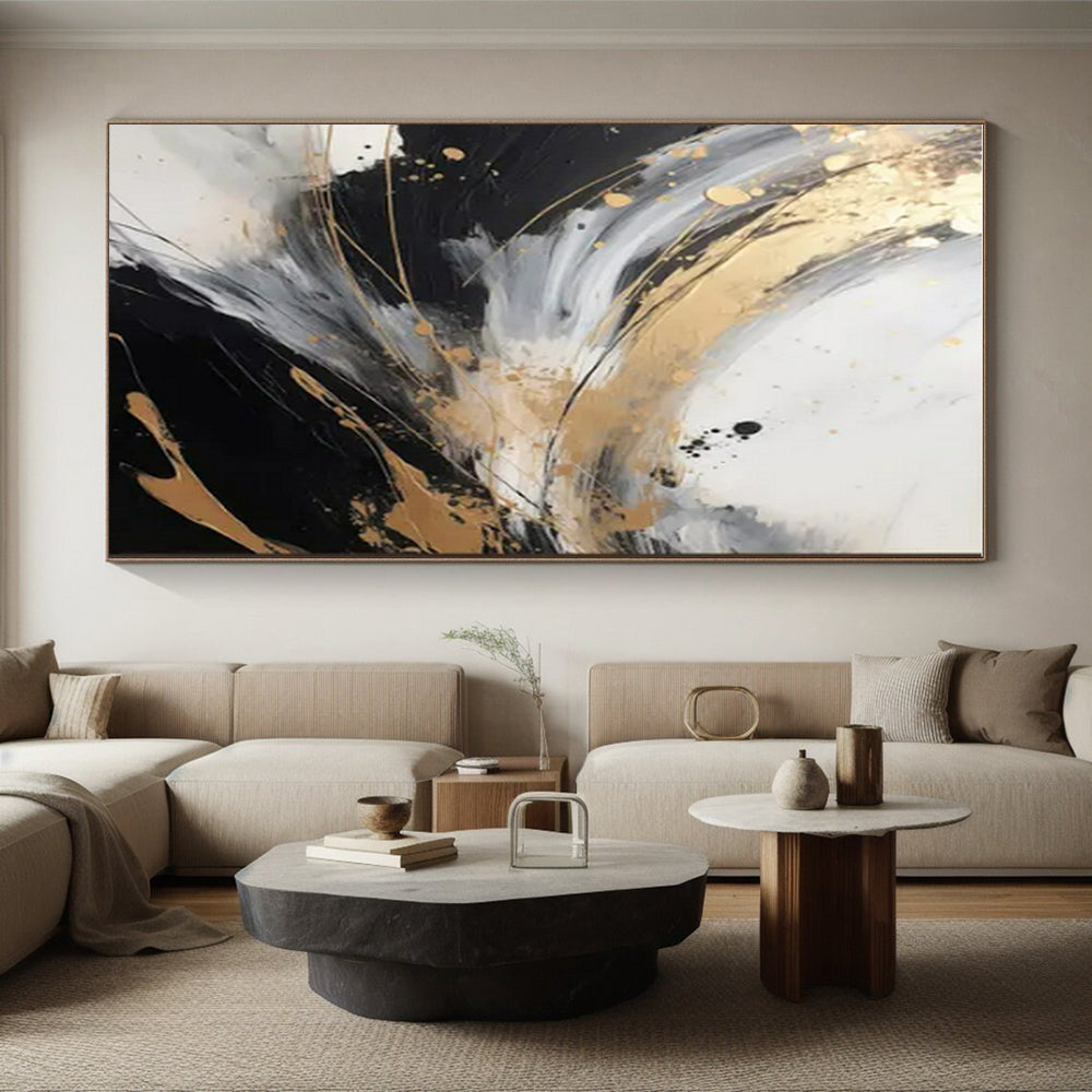 Cool Abstract Paintings Black, White, Gold, and Gray Dynamic Abstract Art HS594