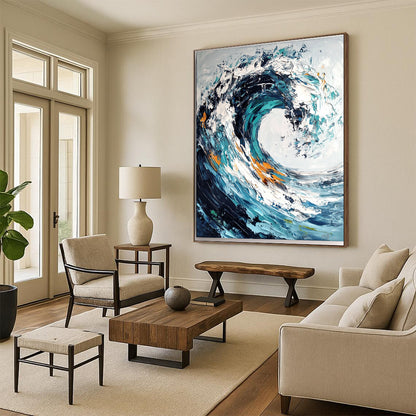 Blue, White, Orange Abstract Seascape Art For Bathroom and Living Room WS432