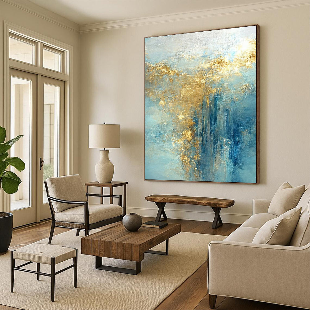 Hand-Painted Blue & Gold Textured Abstract, Large Contemporary Wall Art HS227