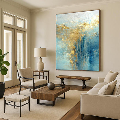 Hand-Painted Blue & Gold Textured Abstract, Large Contemporary Wall Art HS227