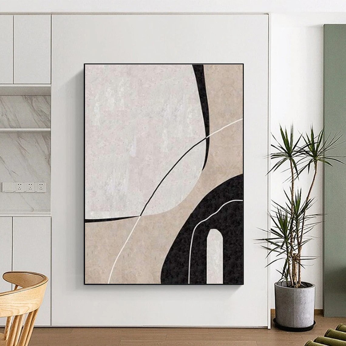 Minimalist Canvas Art Black, Beige, and White Organic Abstract Art HS681